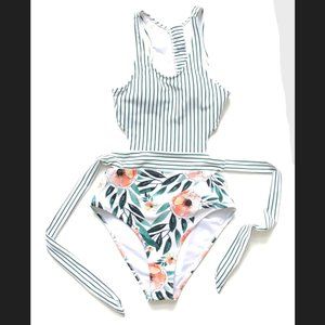 Cupshe Swimsuit Womens S White Green One Piece Stripe Floral Multicolor Tie Belt